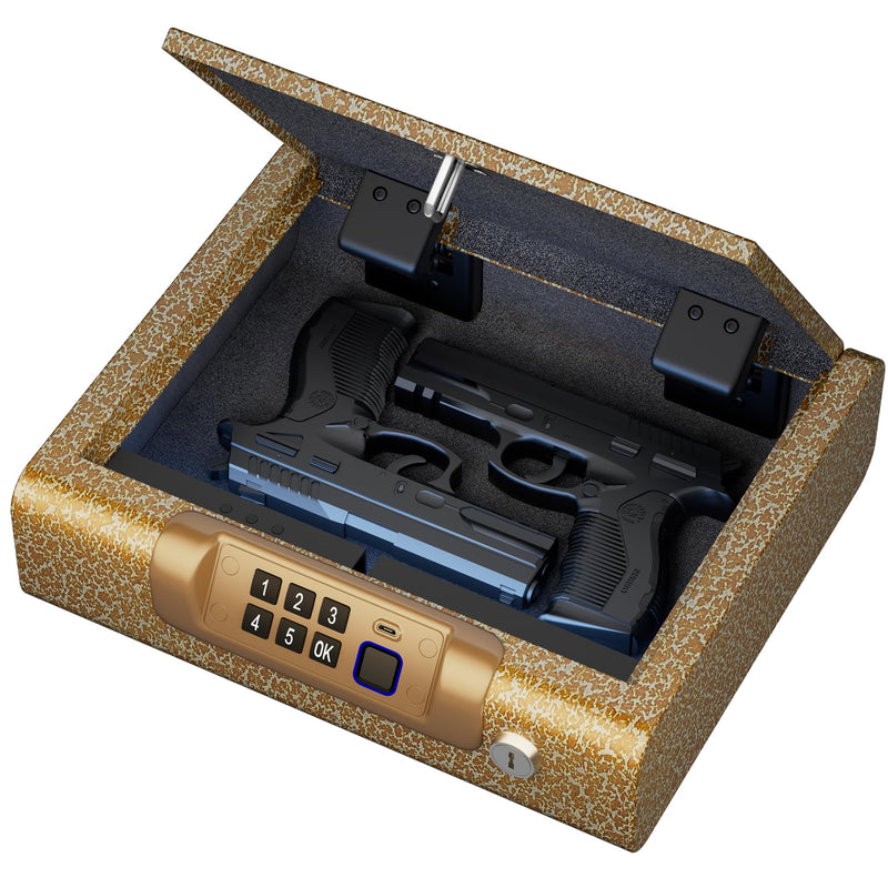 Gun SafeBiometric Gun Safe for Pistols 3-Ways unlock Safe Fingerprint Digital PIN Key Unlock with Voice Gun lock box for Cloakroom living room Bedroom Nightstand and Car BILLCONCH - Limited Gold