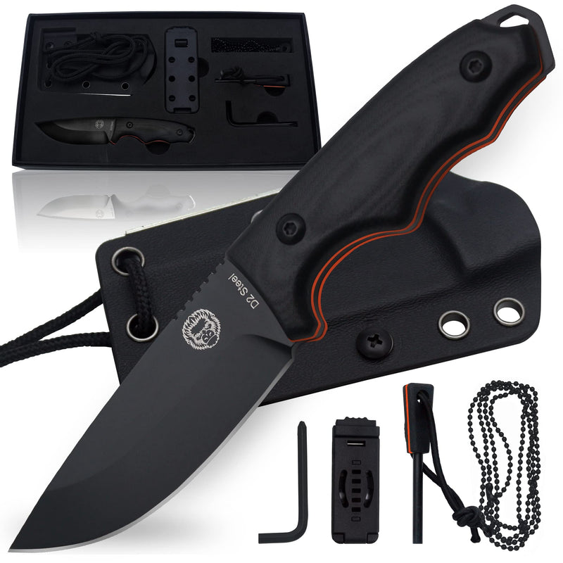 Holtzmans Gorilla Survival Baby Bloodline Fixed Blade Neck Knife with Kydex Sheath & Ferro Rod (Black+Orange)