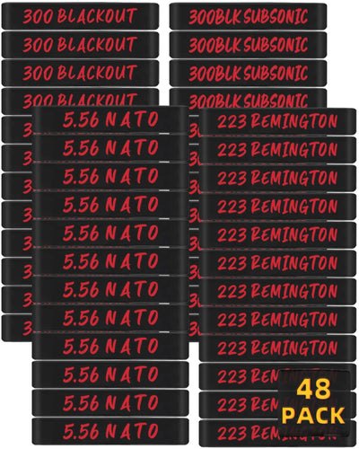 48 Pack Magsaddle Magazine Marking Bands 5.56 NATO 223 Remington 300 Blackout 300BLK Subsonic Ammo Caliber Label Identification Marker Holster Accessories (Black - Red)
