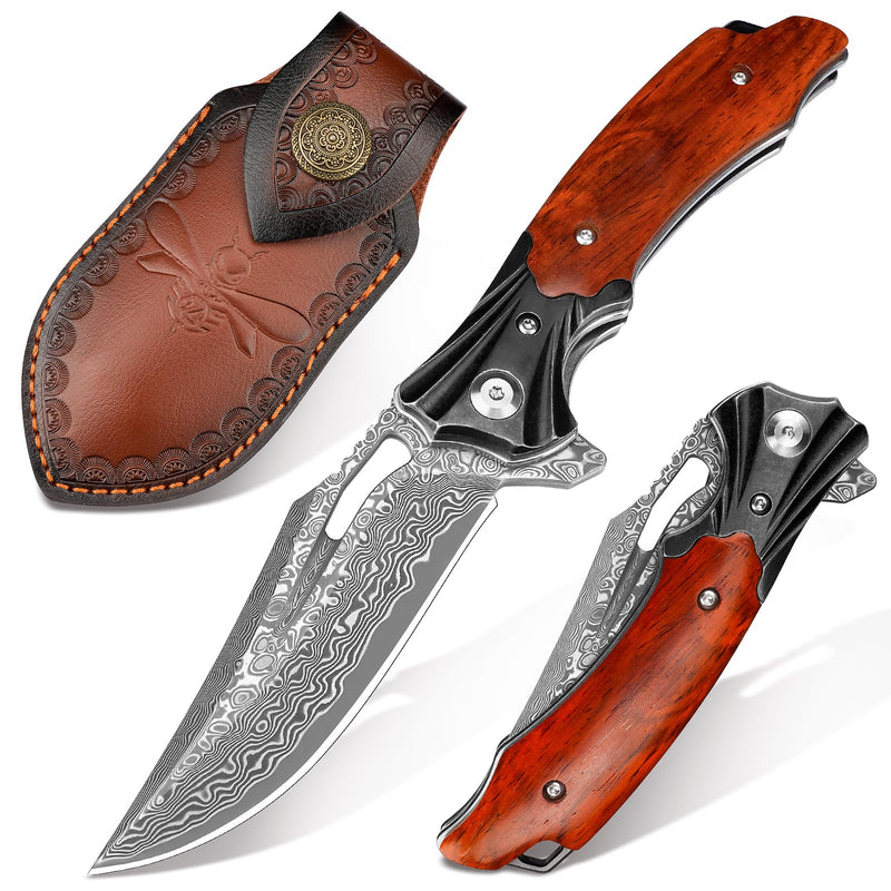 Zingbee Damascus Pocket Knife for Men Women Wood Handle Folding Knife with Sheath 3.15