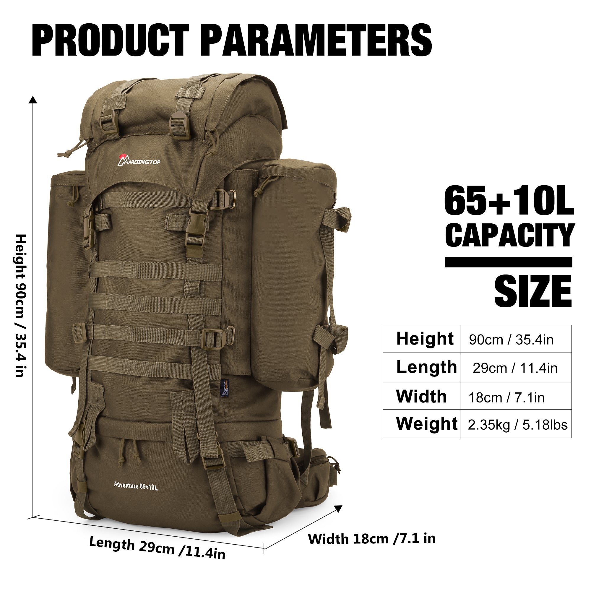 MARDINGTOP 65+10L Tactical Backpack with Rain Cover