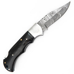 Deer Edge Damascus Folding Knife | Pocket Knife | Camping Hunting Survival | Unique Gift | Black with Steel Bolster