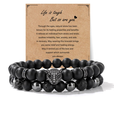 8mm Black Obsidian Onyx Hematite Lava Volcanic Stone Bracelet Leopard Head Bracelet Mens Crystal Beaded Bracelets Black Bead Bracelet Spiritual Protection Bracelet for Men